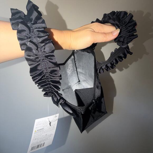 Black Ruffle Bow Tote Insulated Lunch HandBag Purse Coquette Lolita Goth Whimsy - Picture 2 of 7